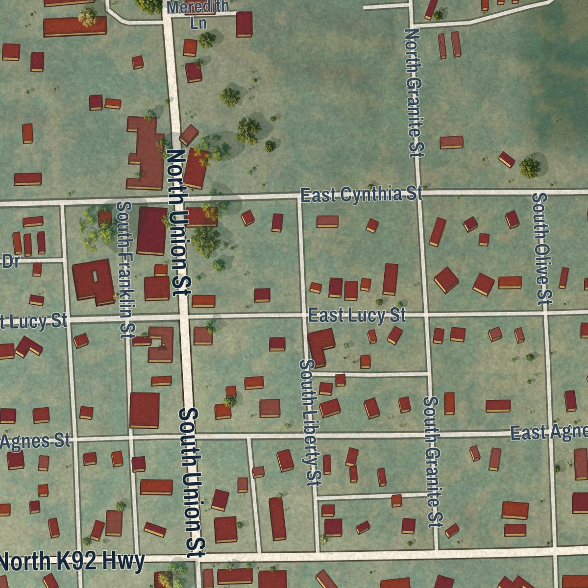 Close-up of the map of McLouth, Kansas print showing street and building detail