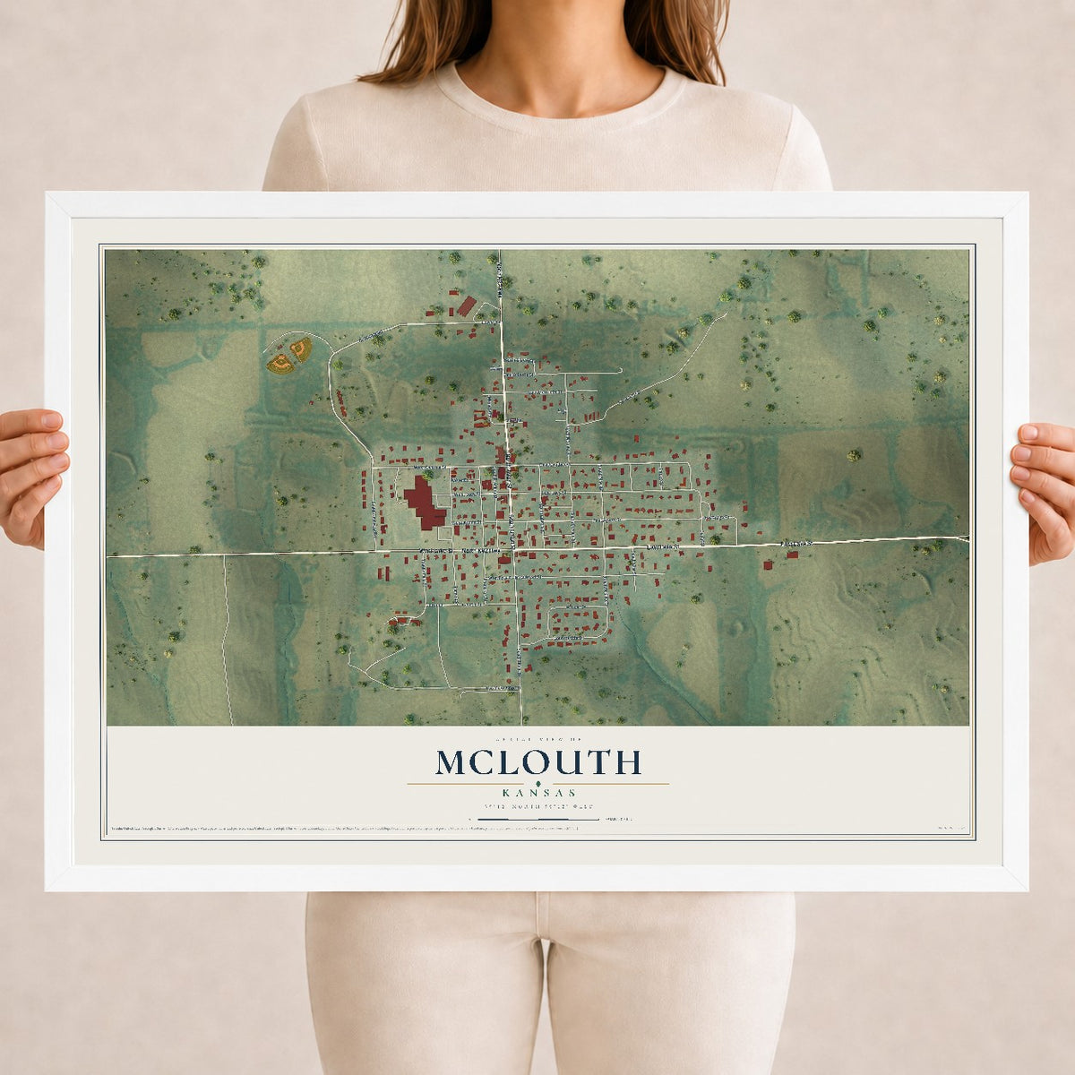 Map of McLouth, Kansas, 18 x 24 inch print in a white wood frame