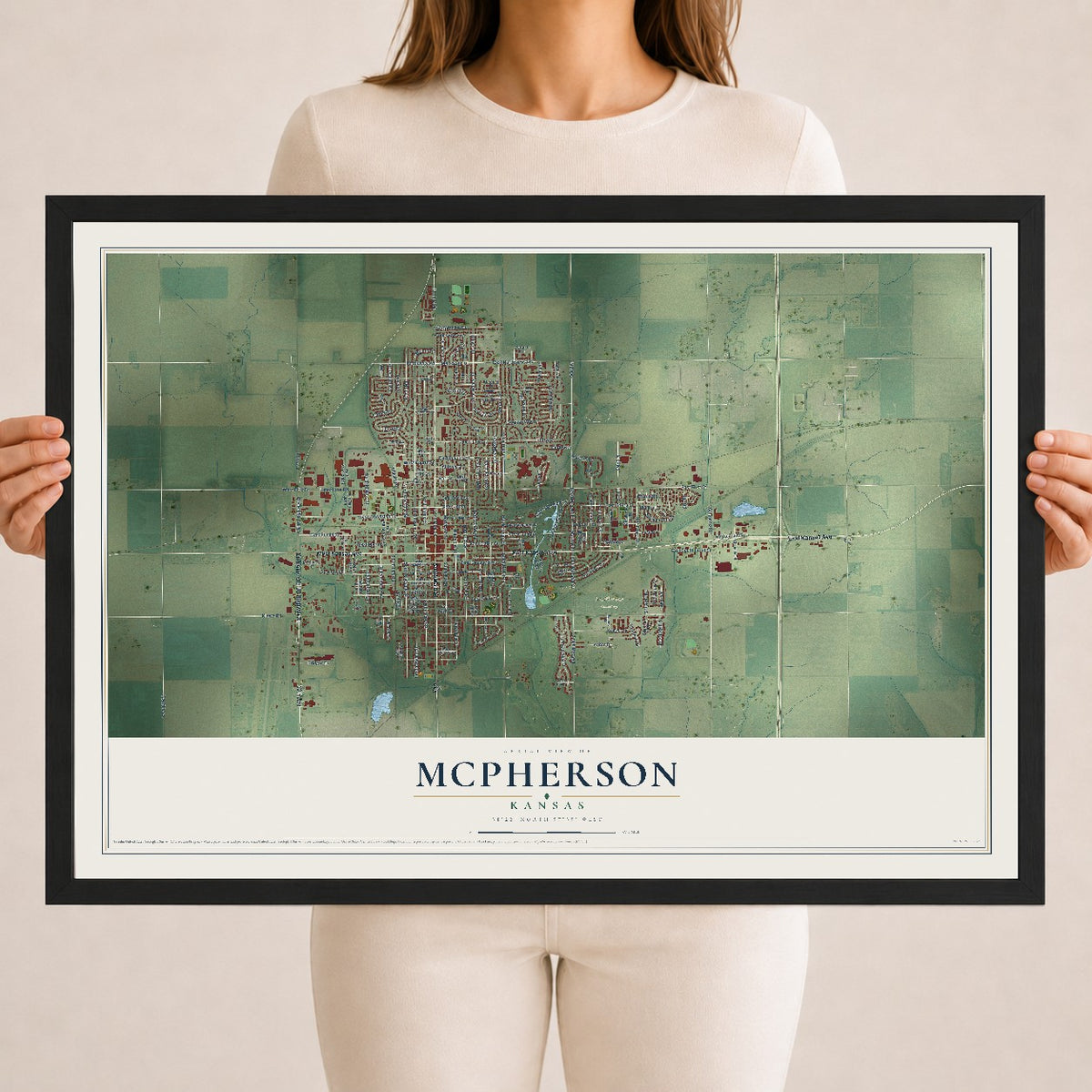 Map of McPherson, Kansas, 18 x 24 inch print in a black wood frame
