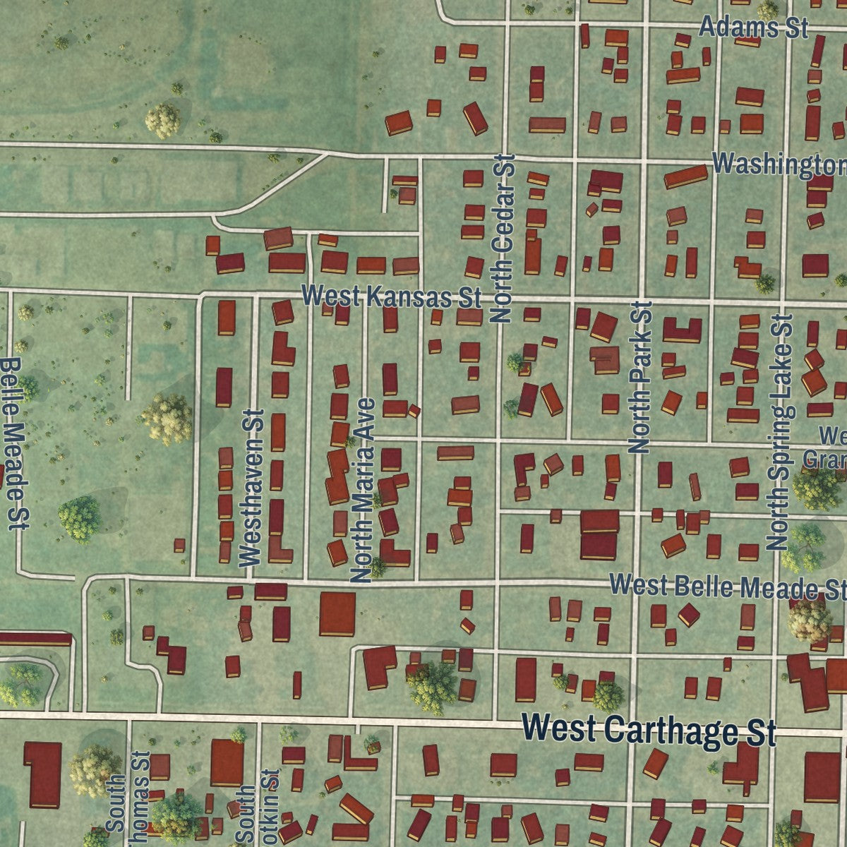 Second close-up of the map of Meade, Kansas print showing more streets and buildings
