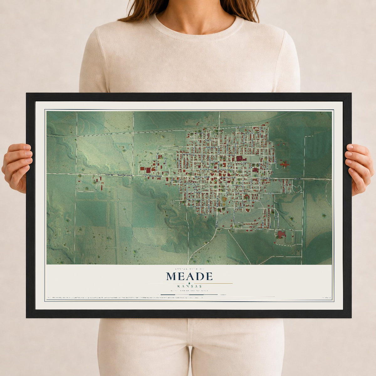 Map of Meade, Kansas, 12 x 18 inch print in a black wood frame