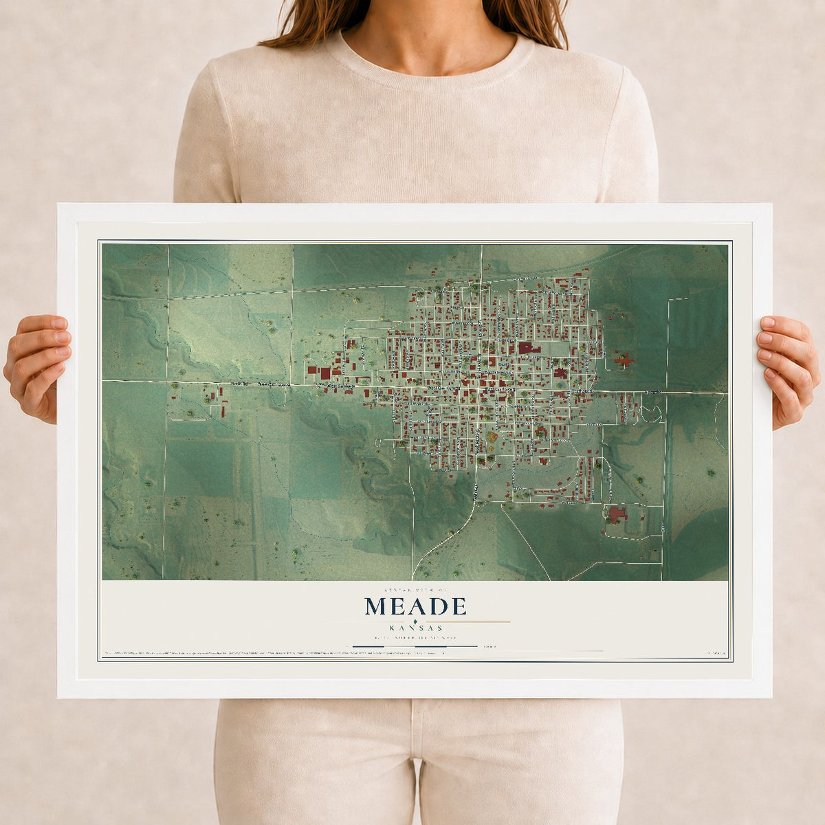 Map of Meade, Kansas, 12 x 18 inch print in a white wood frame
