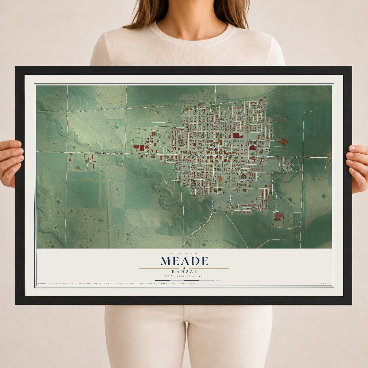 Map of Meade, Kansas, 18 x 24 inch print in a black wood frame