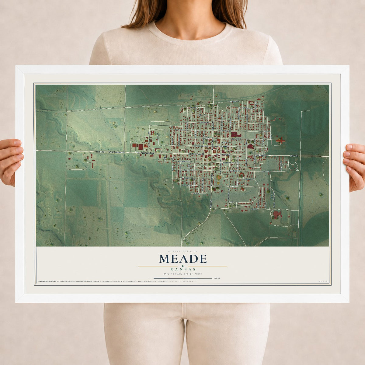Map of Meade, Kansas, 18 x 24 inch print in a white wood frame