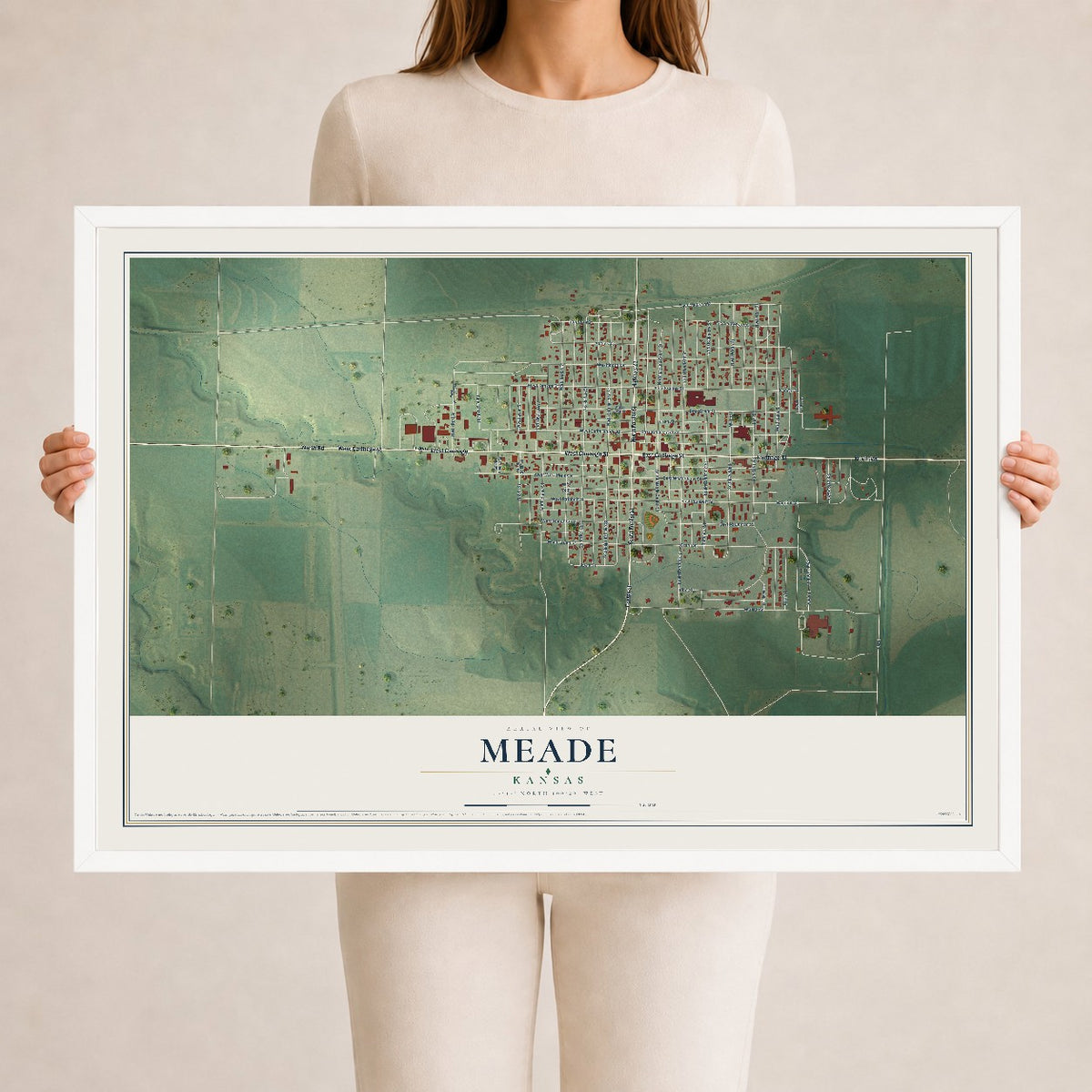 Map of Meade, Kansas, 24 x 36 inch print in a white wood frame