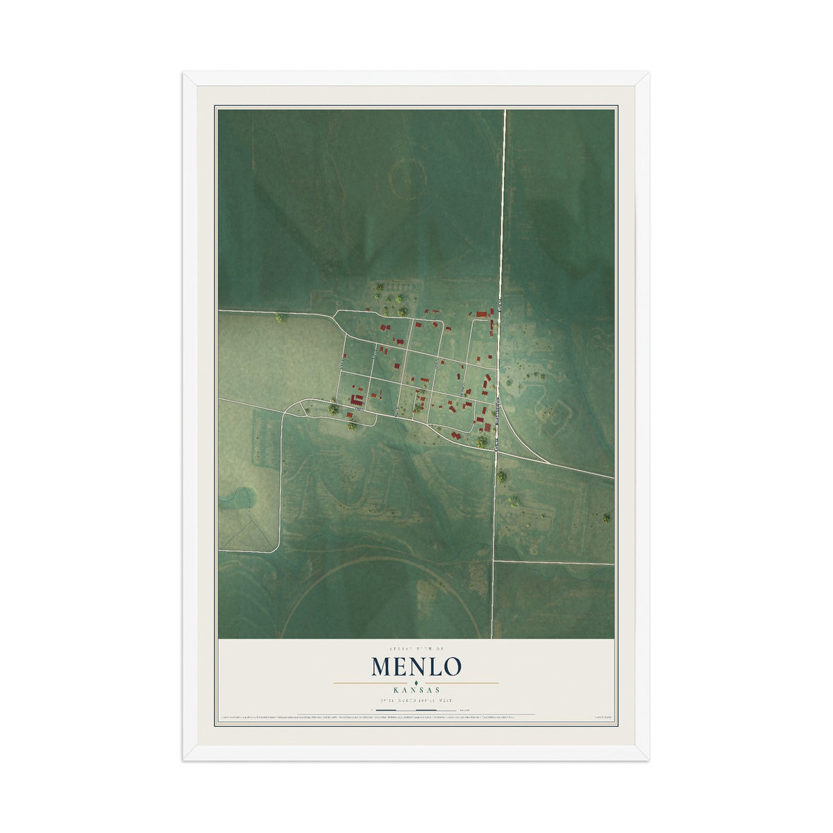 Map of Menlo, Kansas, 12 x 18 inch print in a white wood frame
