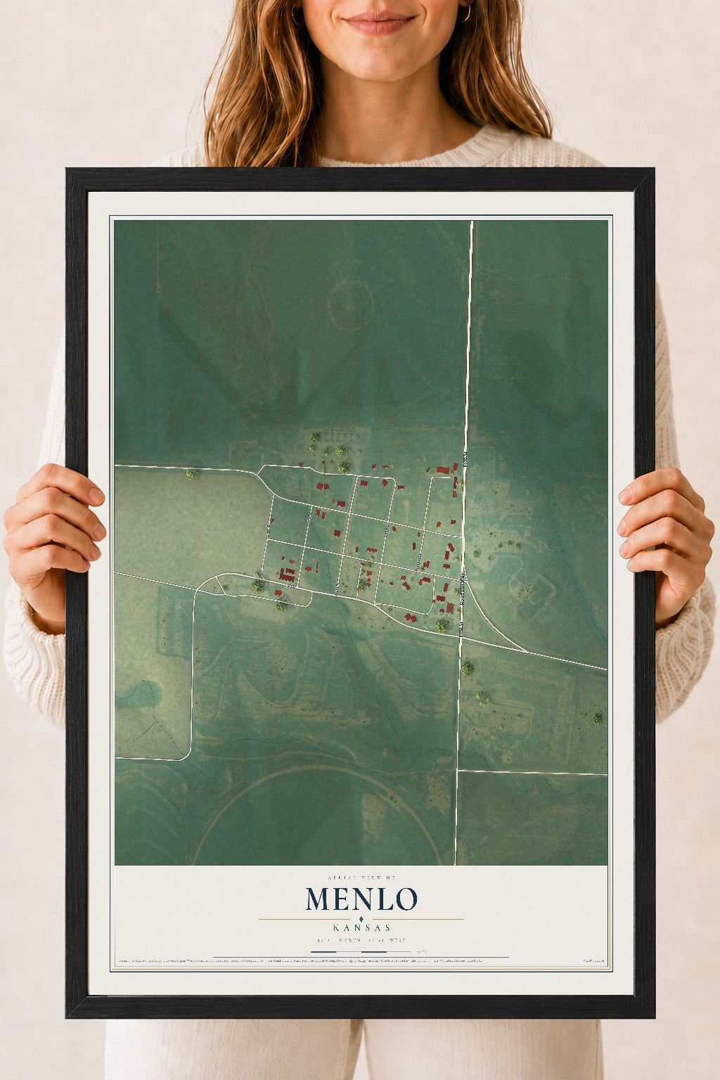 Map of Menlo, Kansas, 18 x 24 inch print in a black wood frame