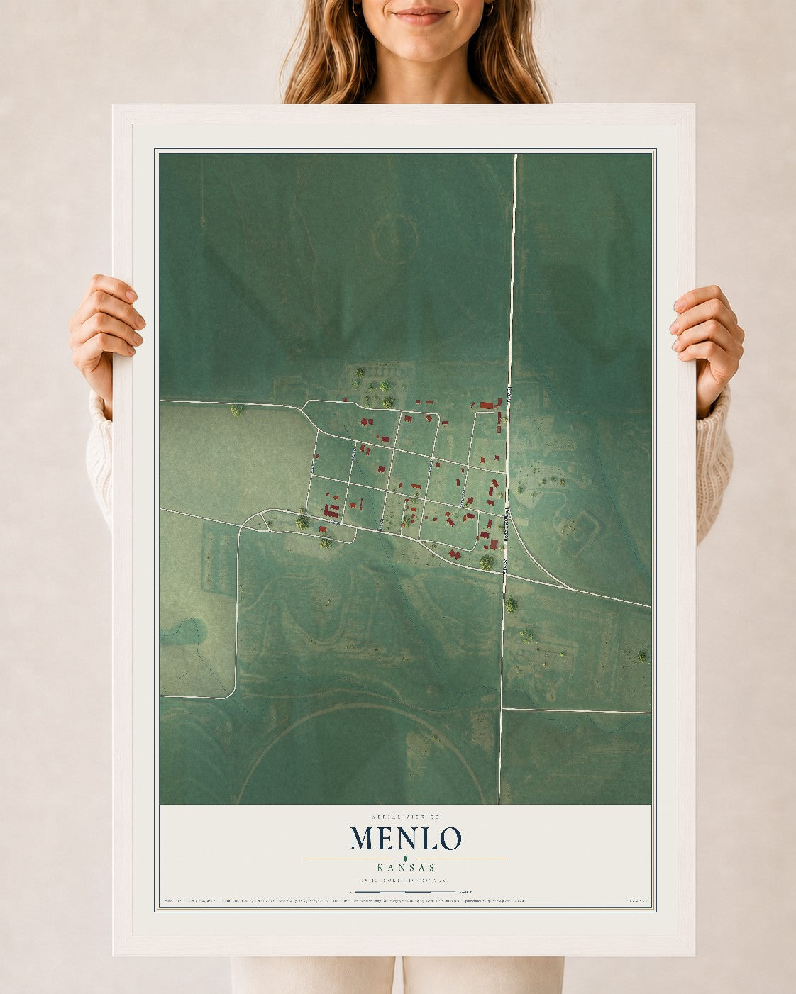 Map of Menlo, Kansas, 24 x 36 inch print in a white wood frame