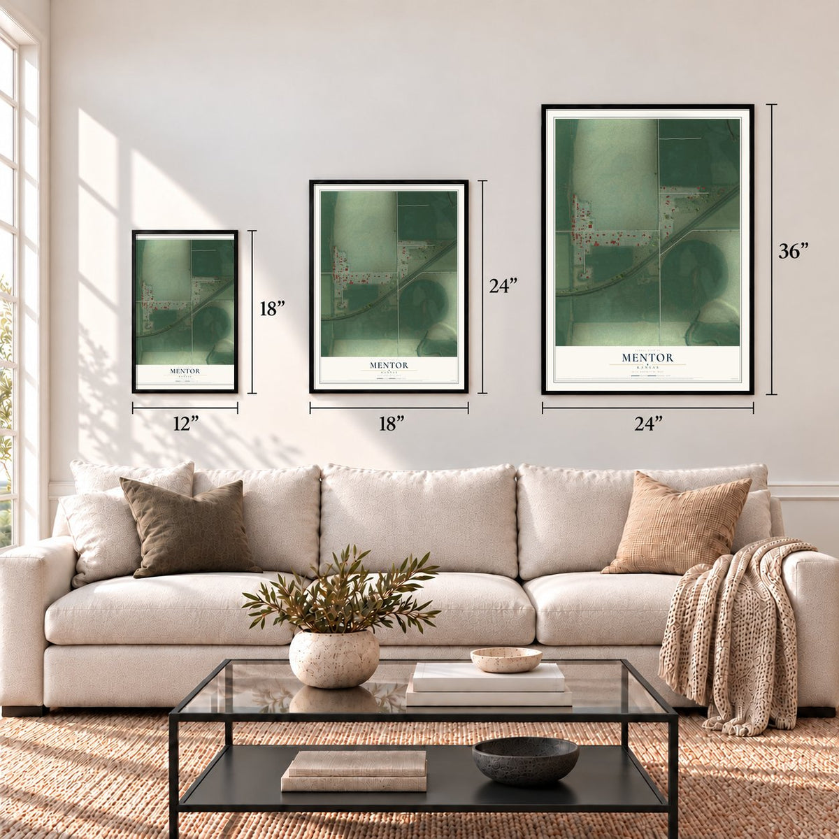 Mentor, Kansas map in 12 x 18, 18 x 24 and 24 x 36 inch sizes above a sofa
