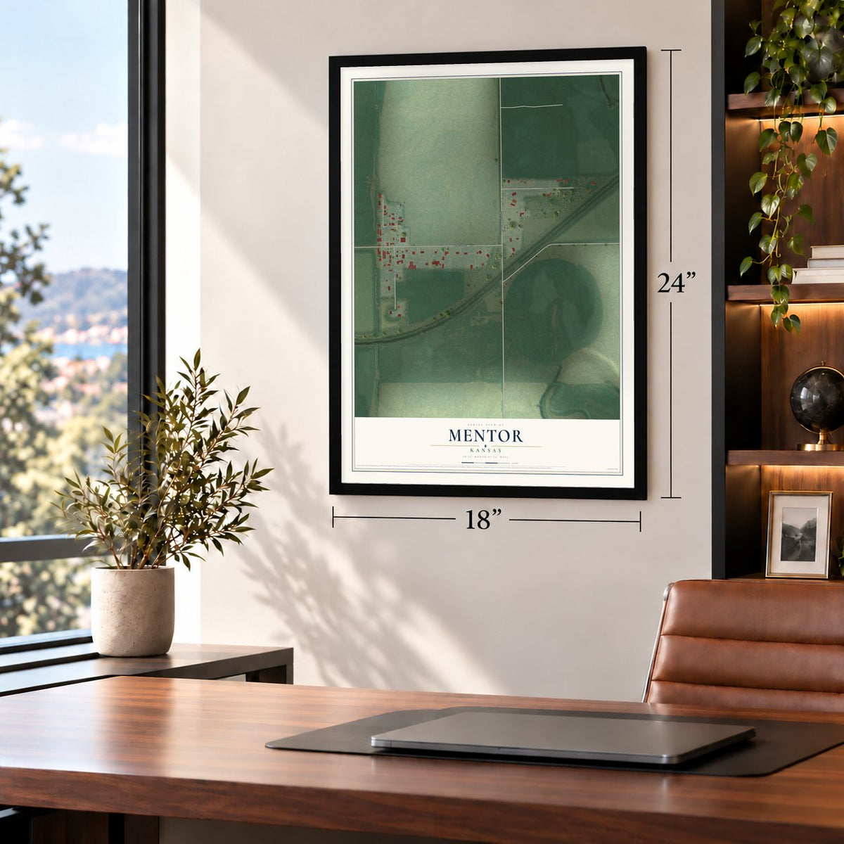Mentor, Kansas map, 18 x 24 inch print in a black frame in a home office