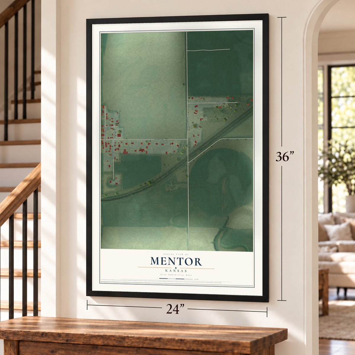 Mentor, Kansas map, 24 x 36 inch print in a black frame by a staircase