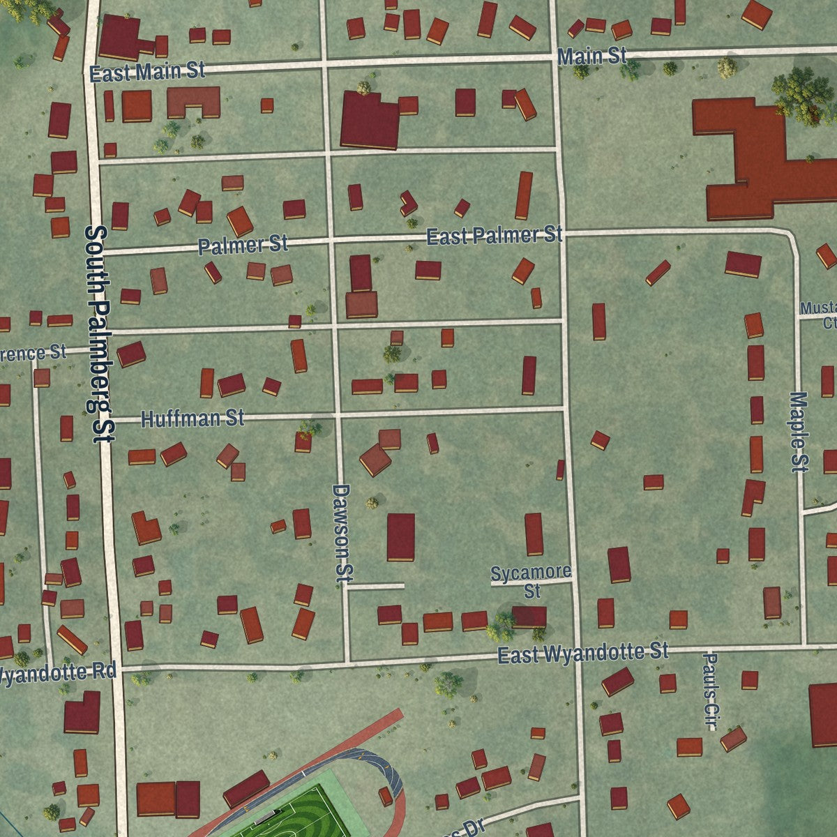 Close-up of the map of Meriden, Kansas print showing street and building detail