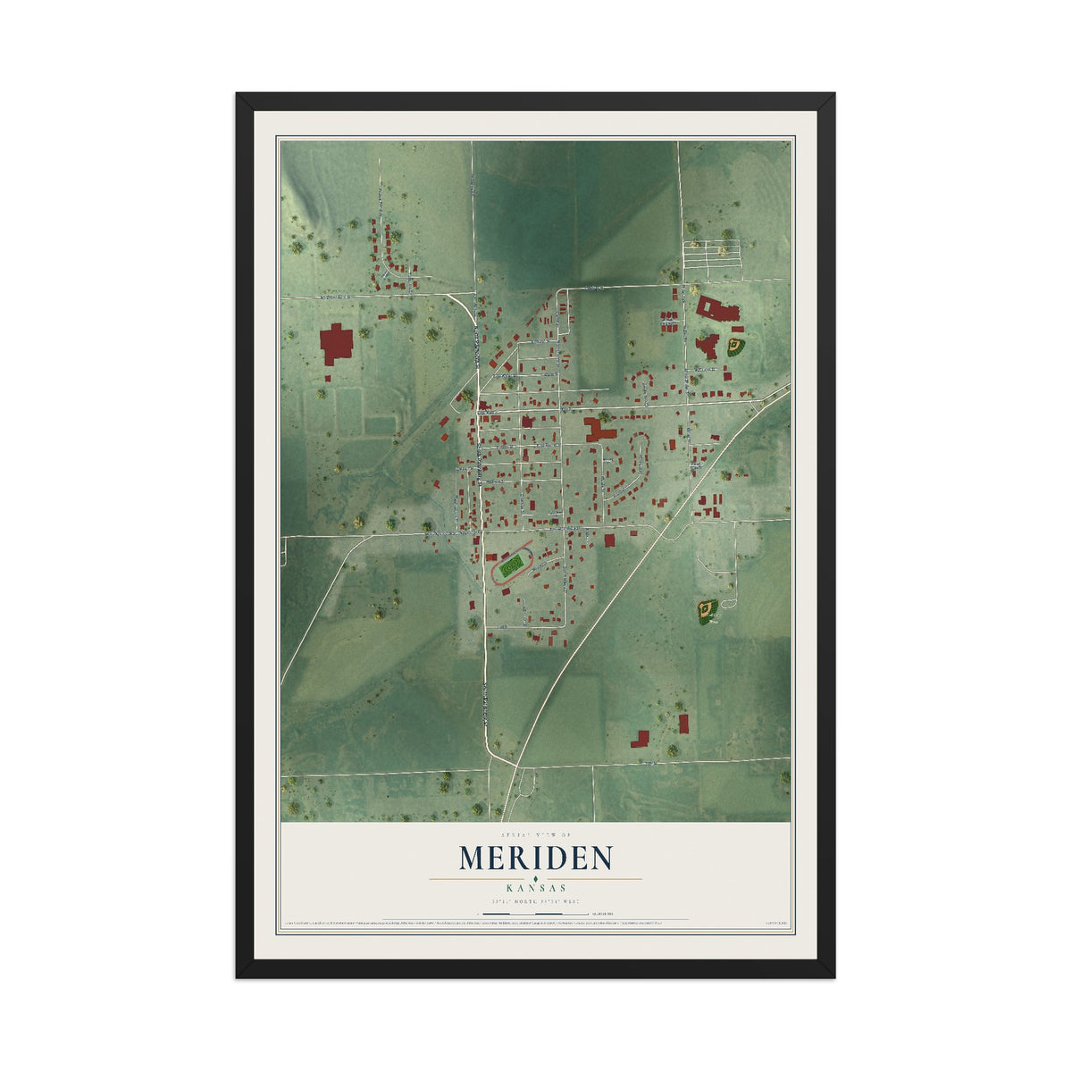 Map of Meriden, Kansas, 12 x 18 inch print in a black wood frame