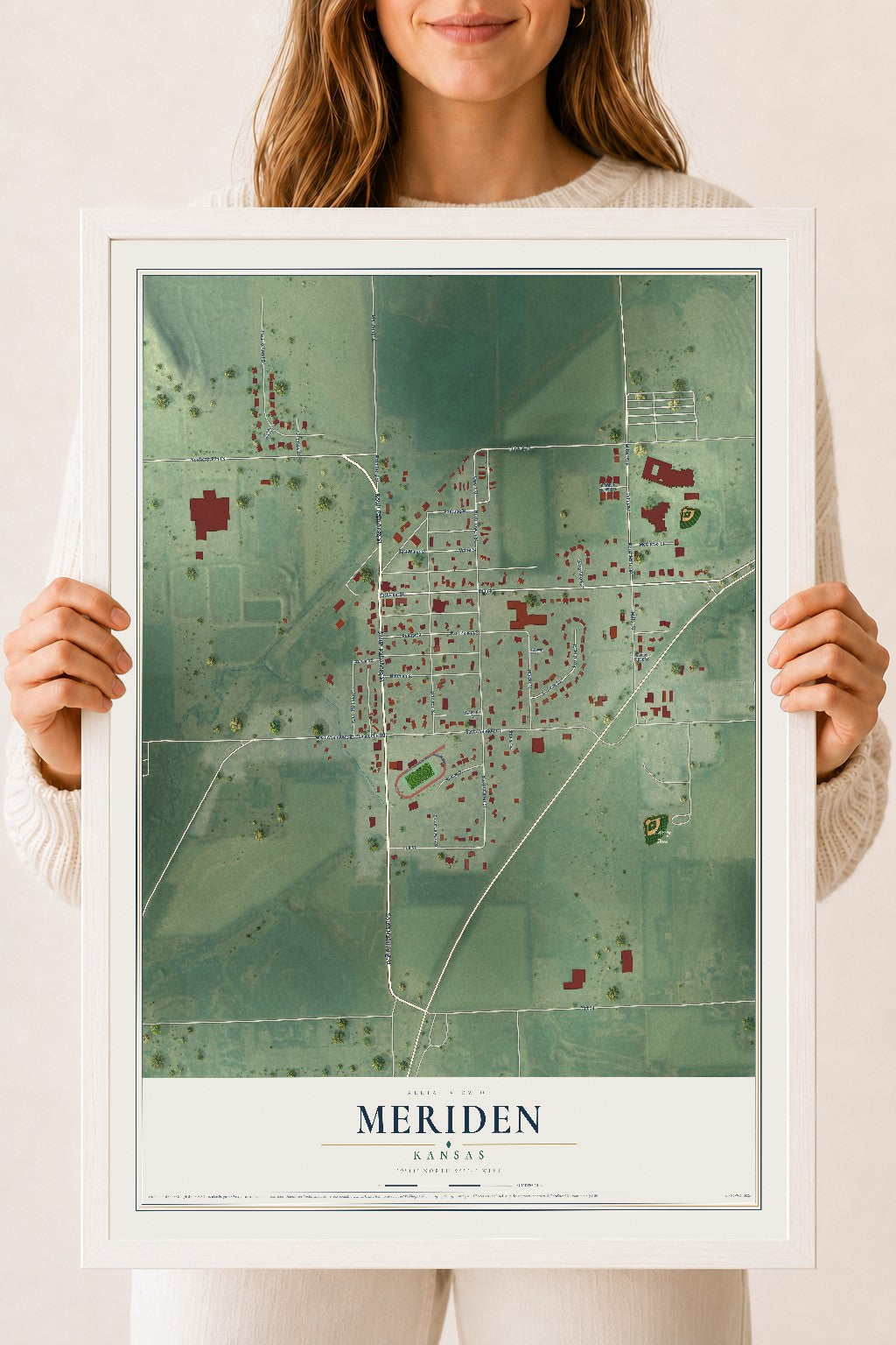 Map of Meriden, Kansas, 18 x 24 inch print in a white wood frame