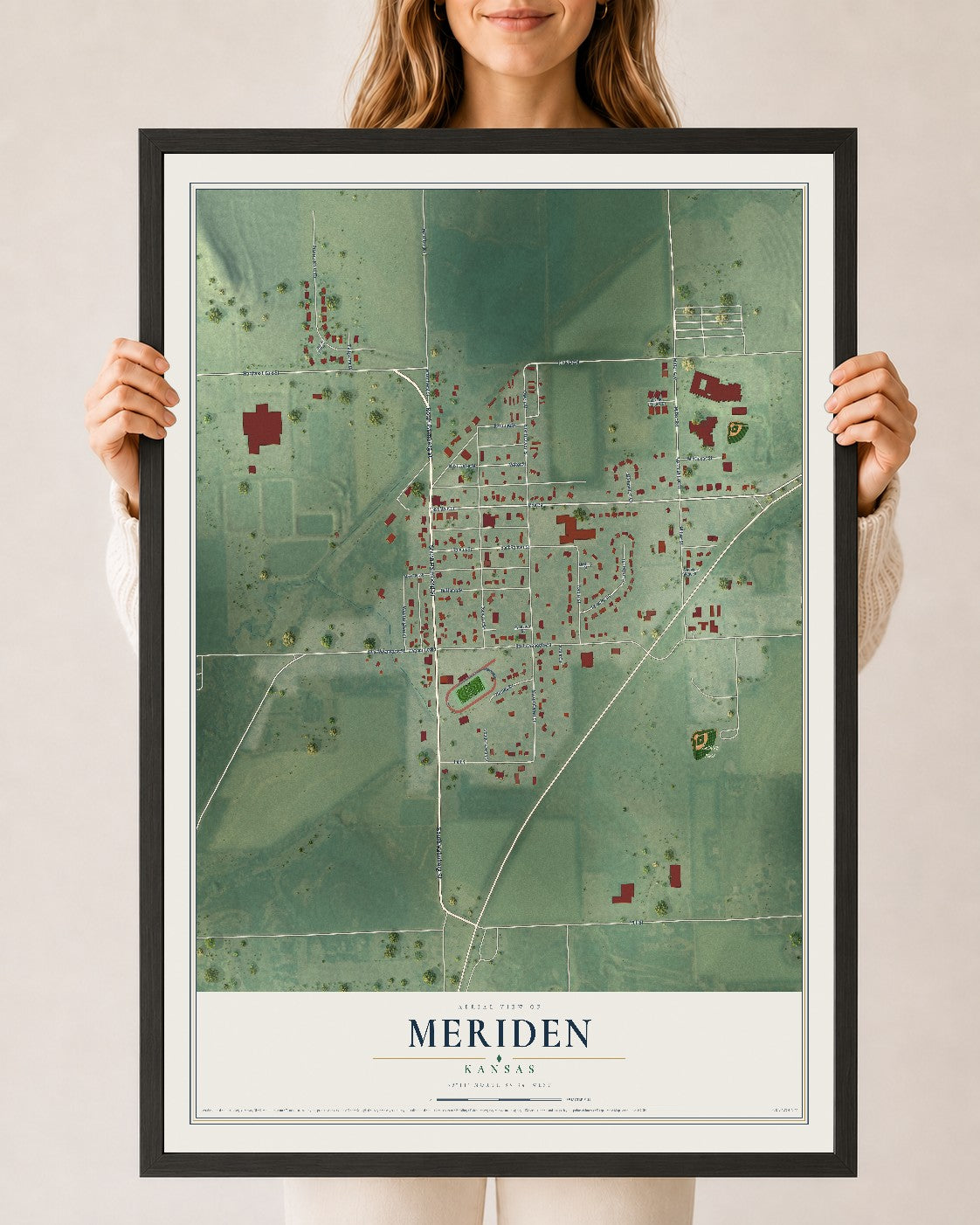 Map of Meriden, Kansas, 24 x 36 inch print in a black wood frame