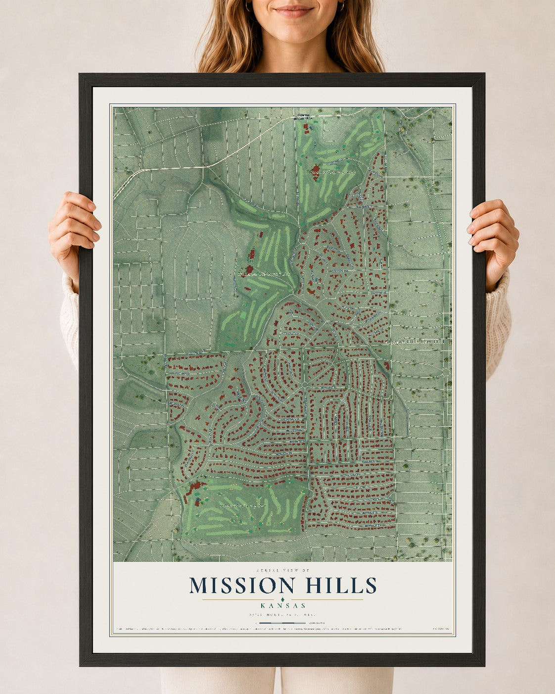 Map of Mission Hills, Kansas, 24 x 36 inch print in a black wood frame
