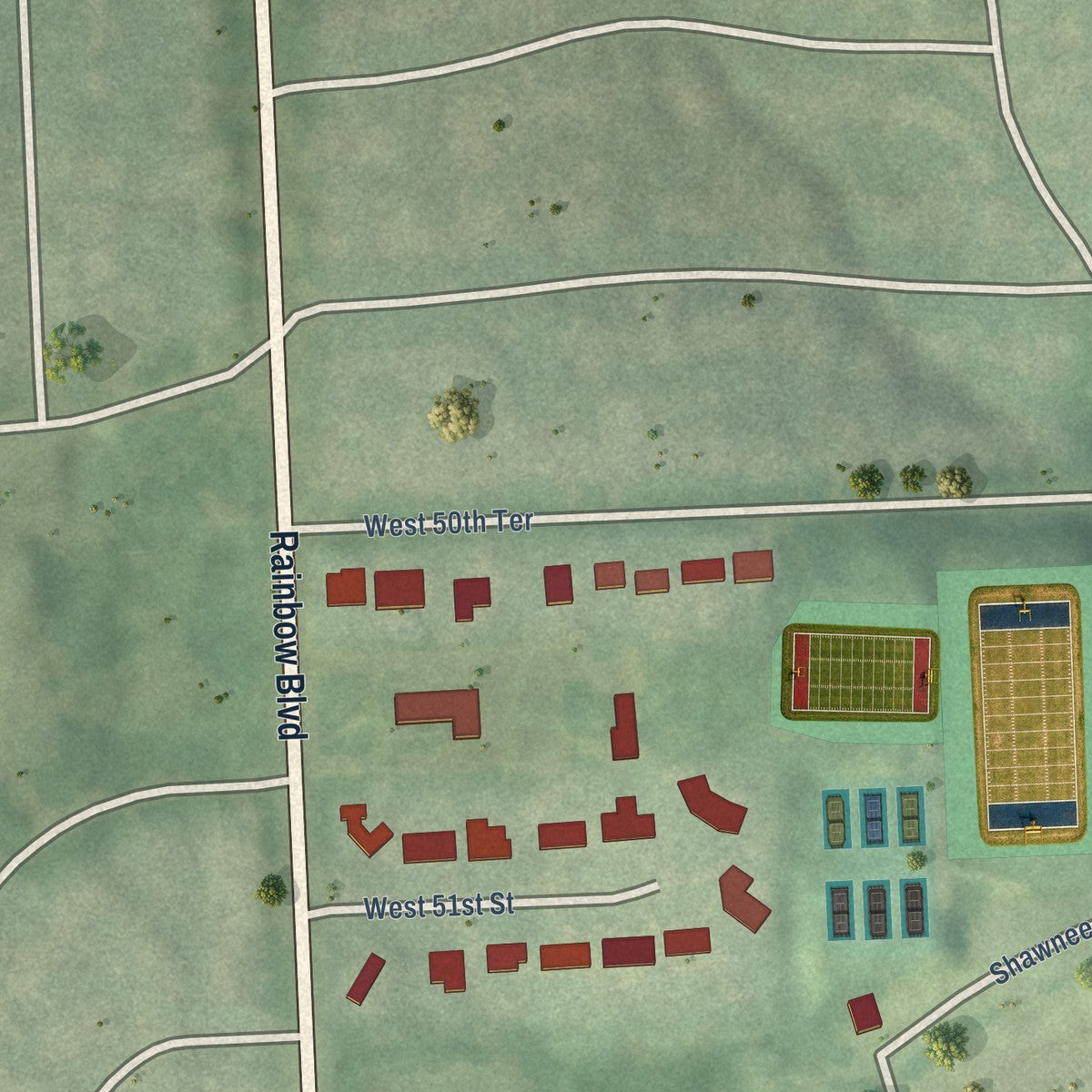 Second close-up of the map of Mission Woods, Kansas print showing more streets and buildings