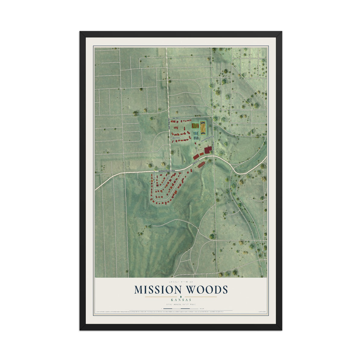 Map of Mission Woods, Kansas, 12 x 18 inch print in a black wood frame