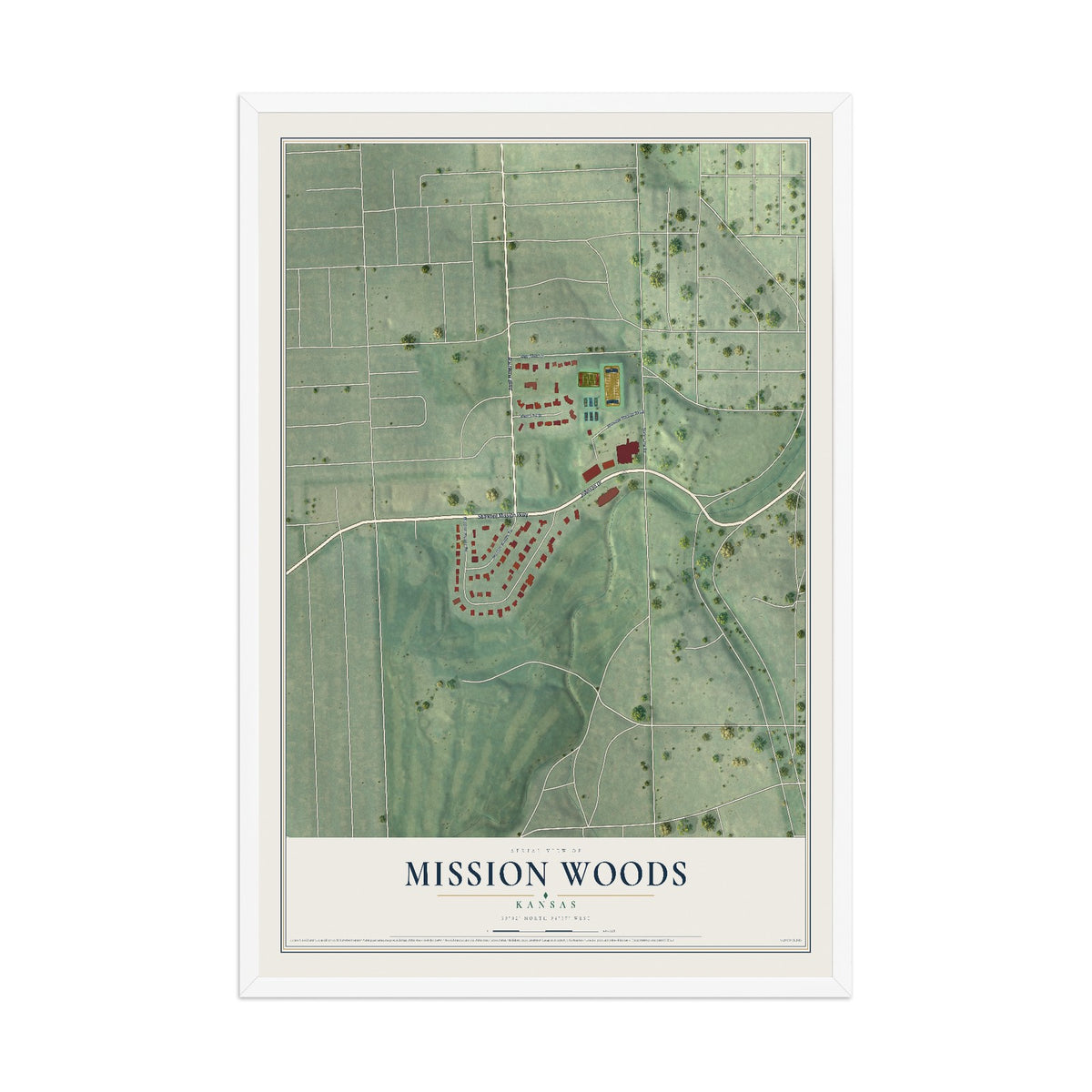 Map of Mission Woods, Kansas, 12 x 18 inch print in a white wood frame