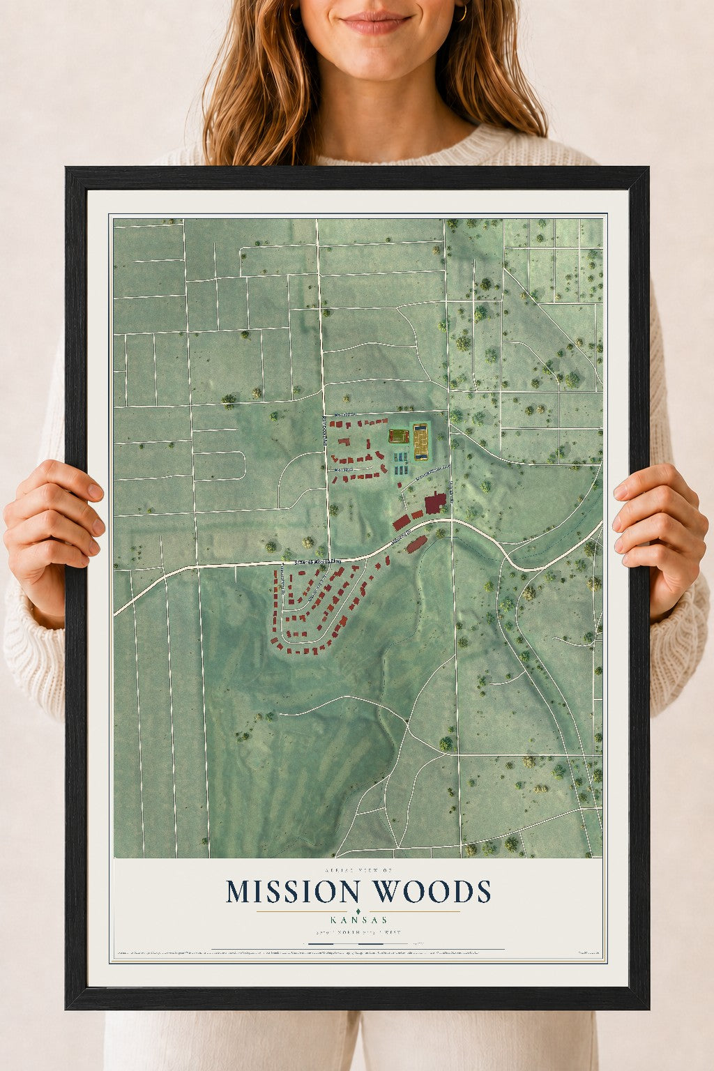 Map of Mission Woods, Kansas, 18 x 24 inch print in a black wood frame