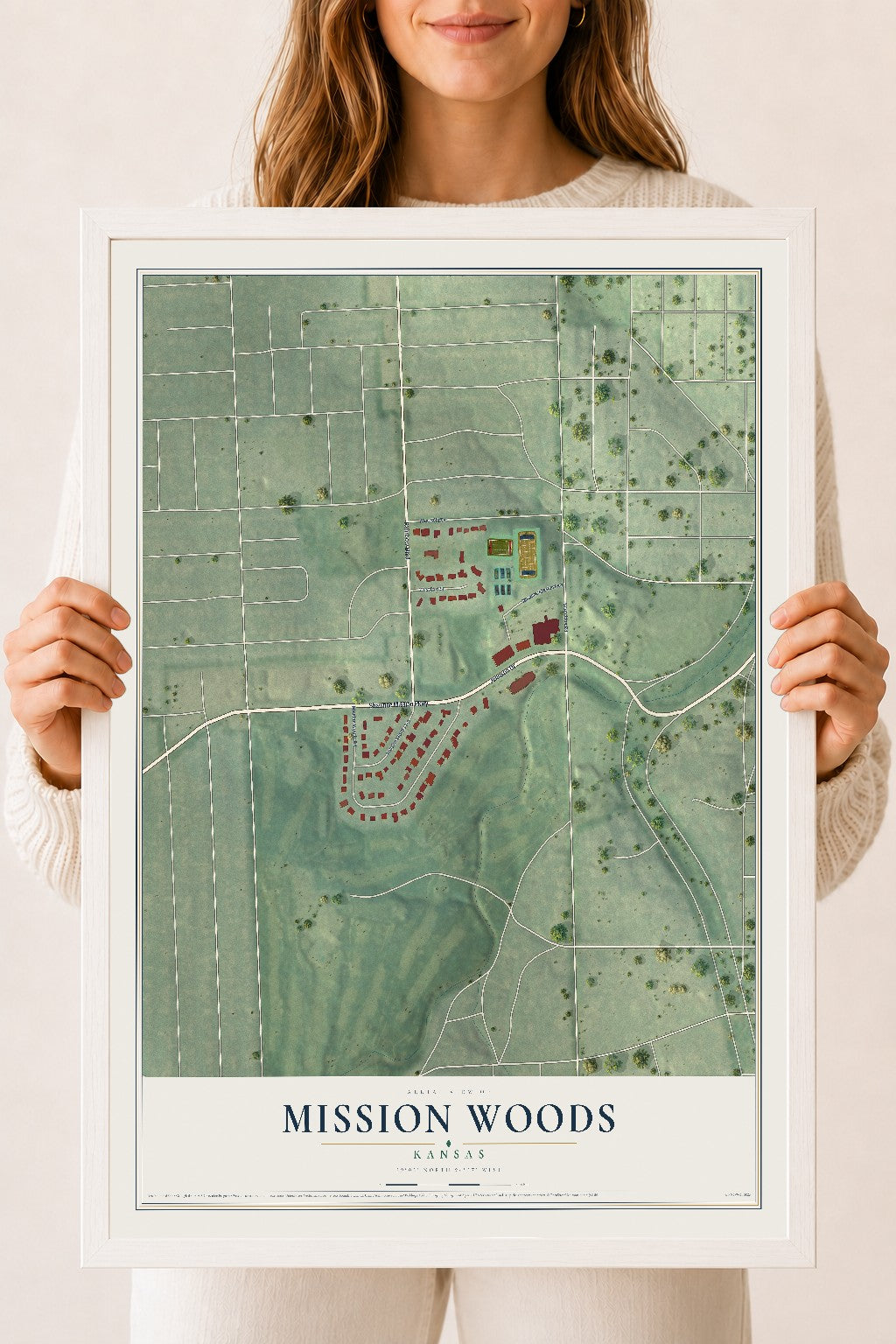 Map of Mission Woods, Kansas, 18 x 24 inch print in a white wood frame