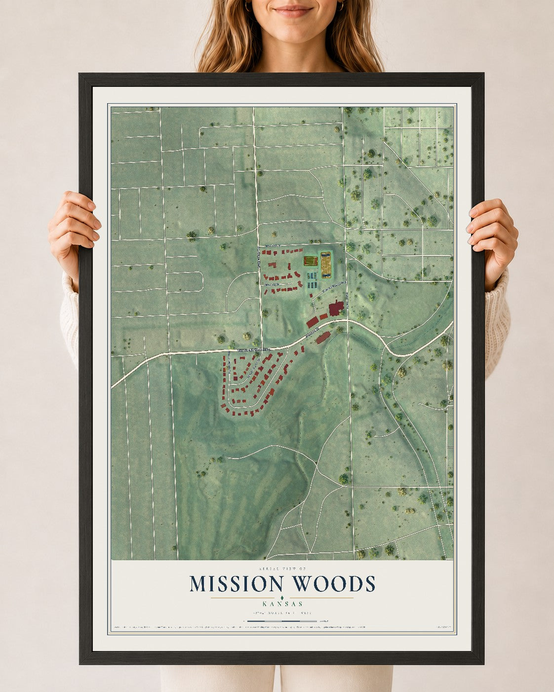 Map of Mission Woods, Kansas, 24 x 36 inch print in a black wood frame