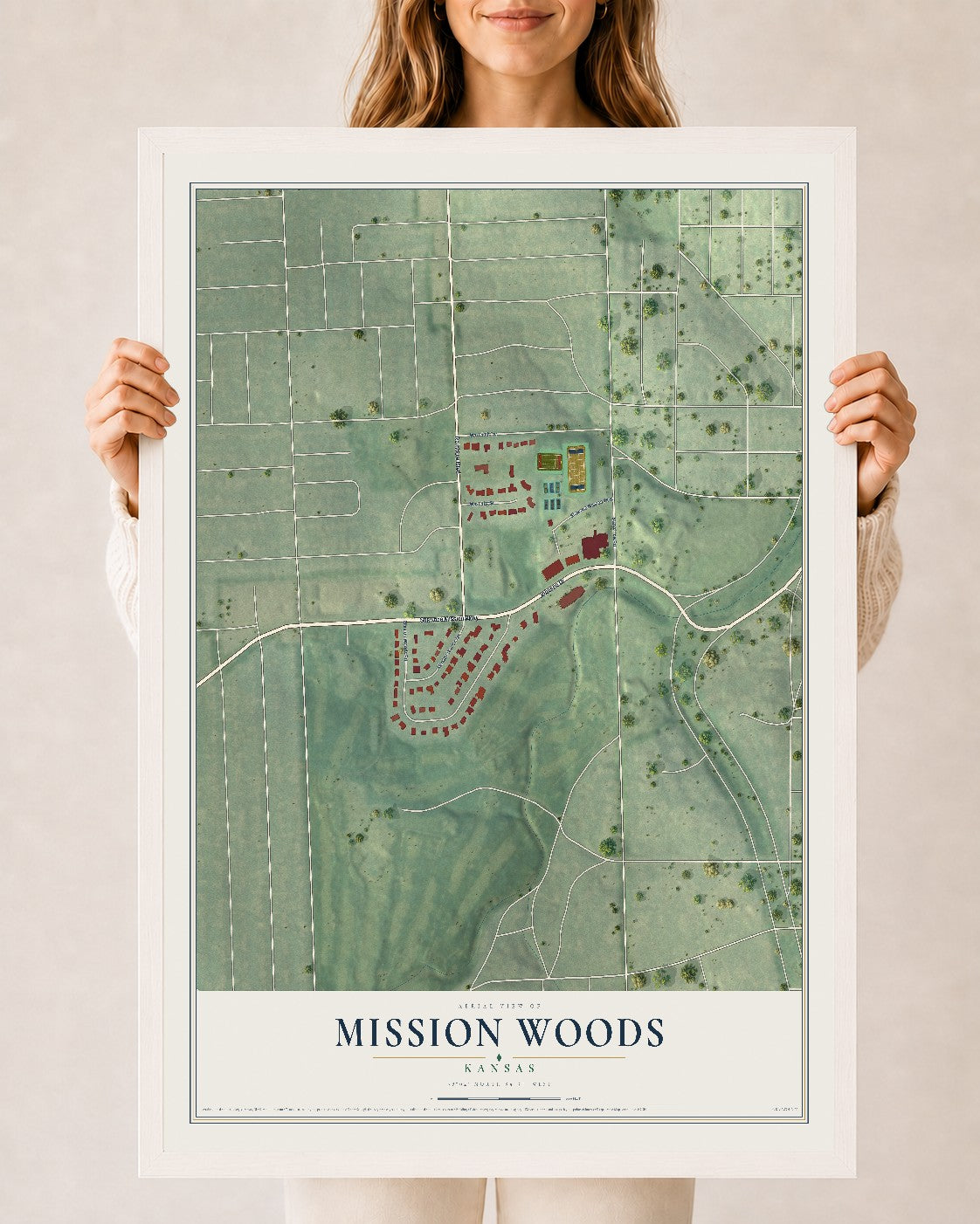 Map of Mission Woods, Kansas, 24 x 36 inch print in a white wood frame