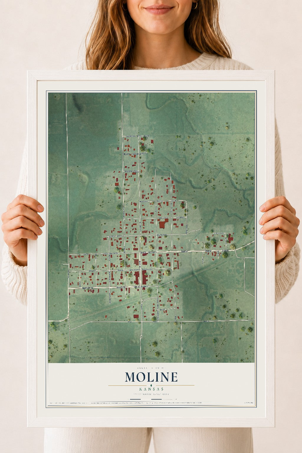 Map of Moline, Kansas, 18 x 24 inch print in a white wood frame