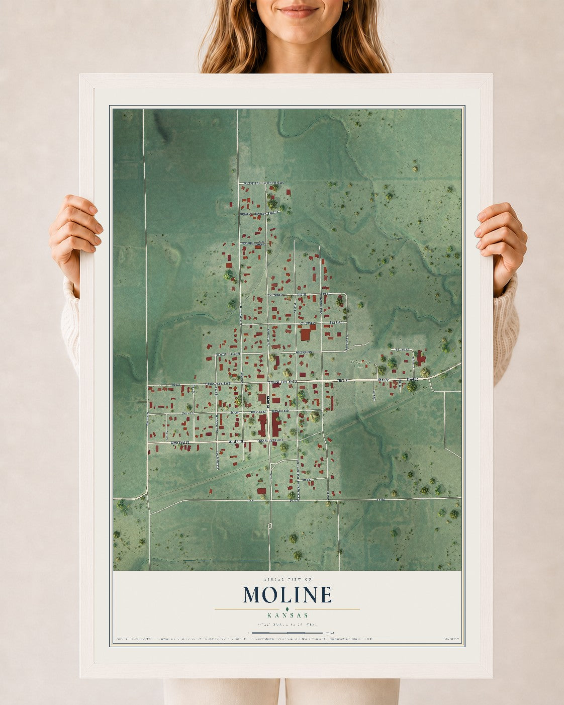 Map of Moline, Kansas, 24 x 36 inch print in a white wood frame