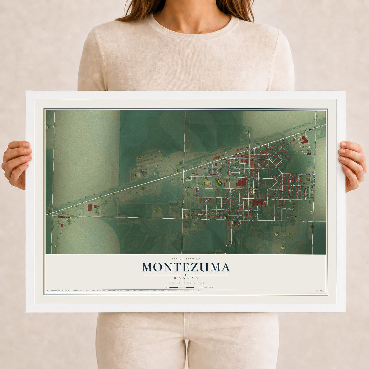 Map of Montezuma, Kansas, 12 x 18 inch print in a white wood frame