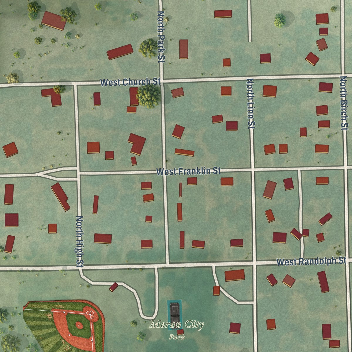 Second close-up of the map of Moran, Kansas print showing more streets and buildings