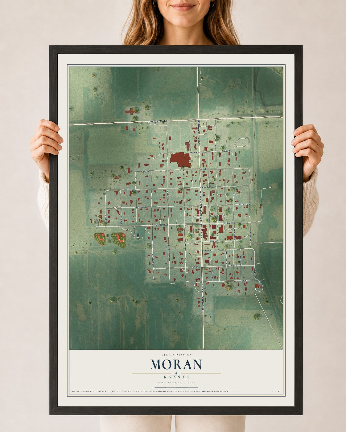 Map of Moran, Kansas, 24 x 36 inch print in a black wood frame