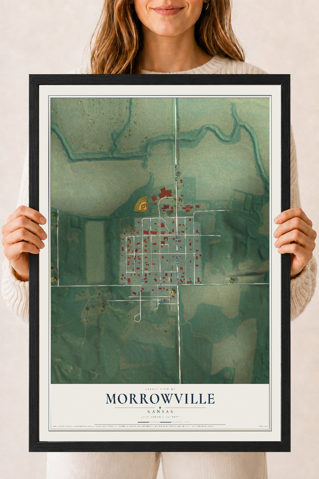 Map of Morrowville, Kansas, 18 x 24 inch print in a black wood frame
