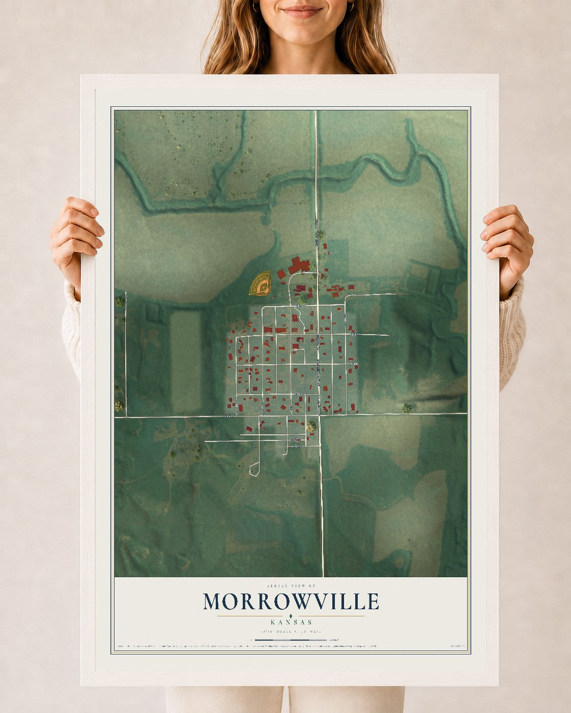 Map of Morrowville, Kansas, 24 x 36 inch print in a white wood frame