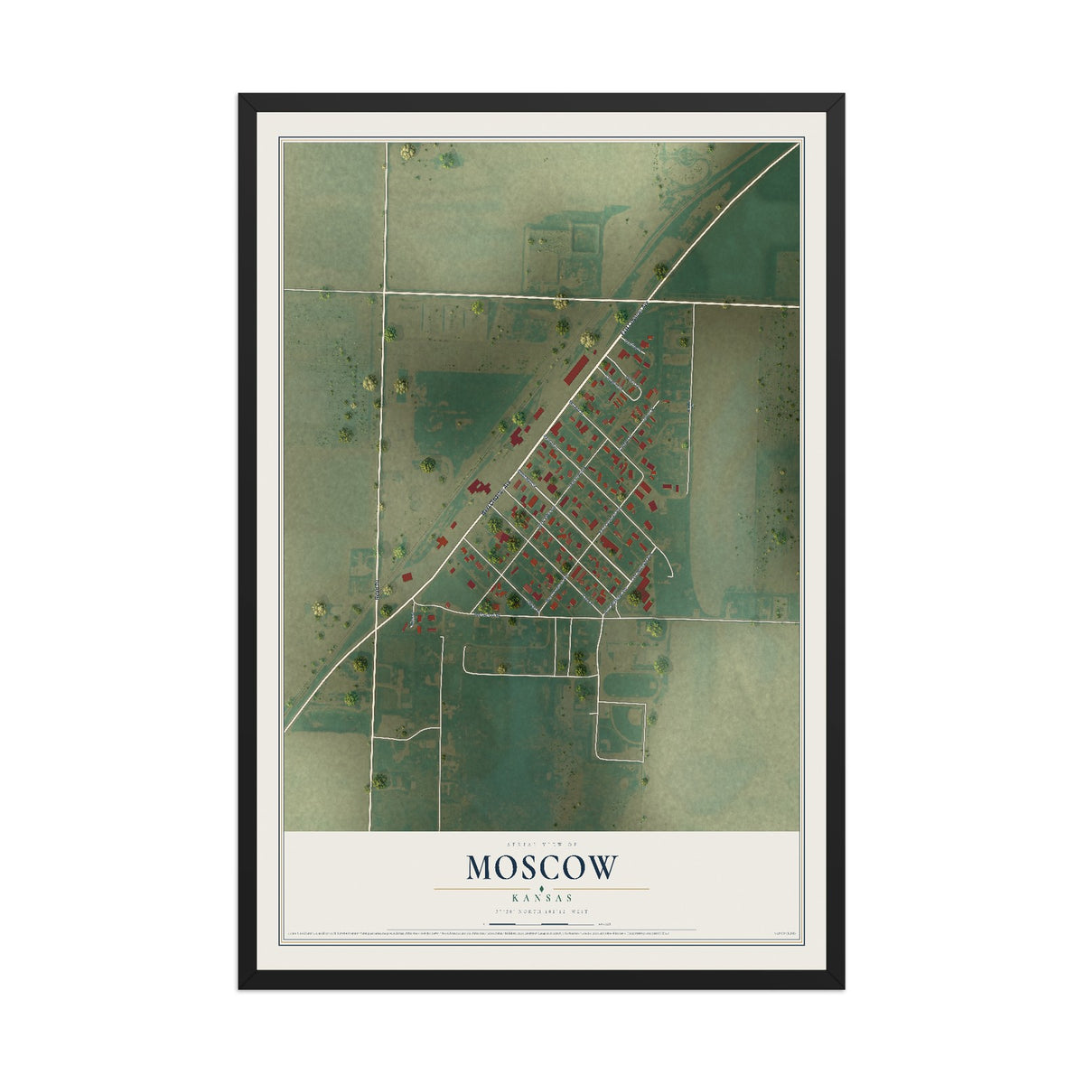 Map of Moscow, Kansas, 12 x 18 inch print in a black wood frame