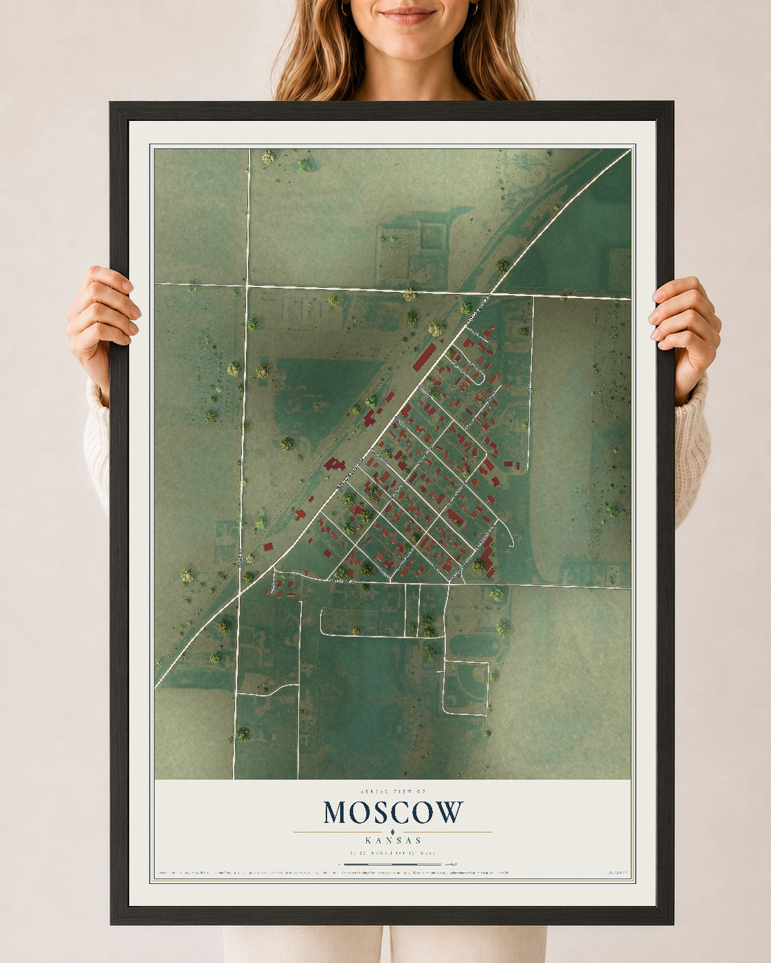 Map of Moscow, Kansas, 24 x 36 inch print in a black wood frame