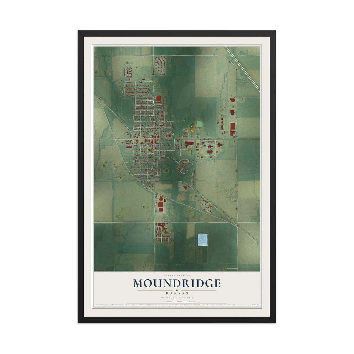Map of Moundridge, Kansas, 12 x 18 inch print in a black wood frame