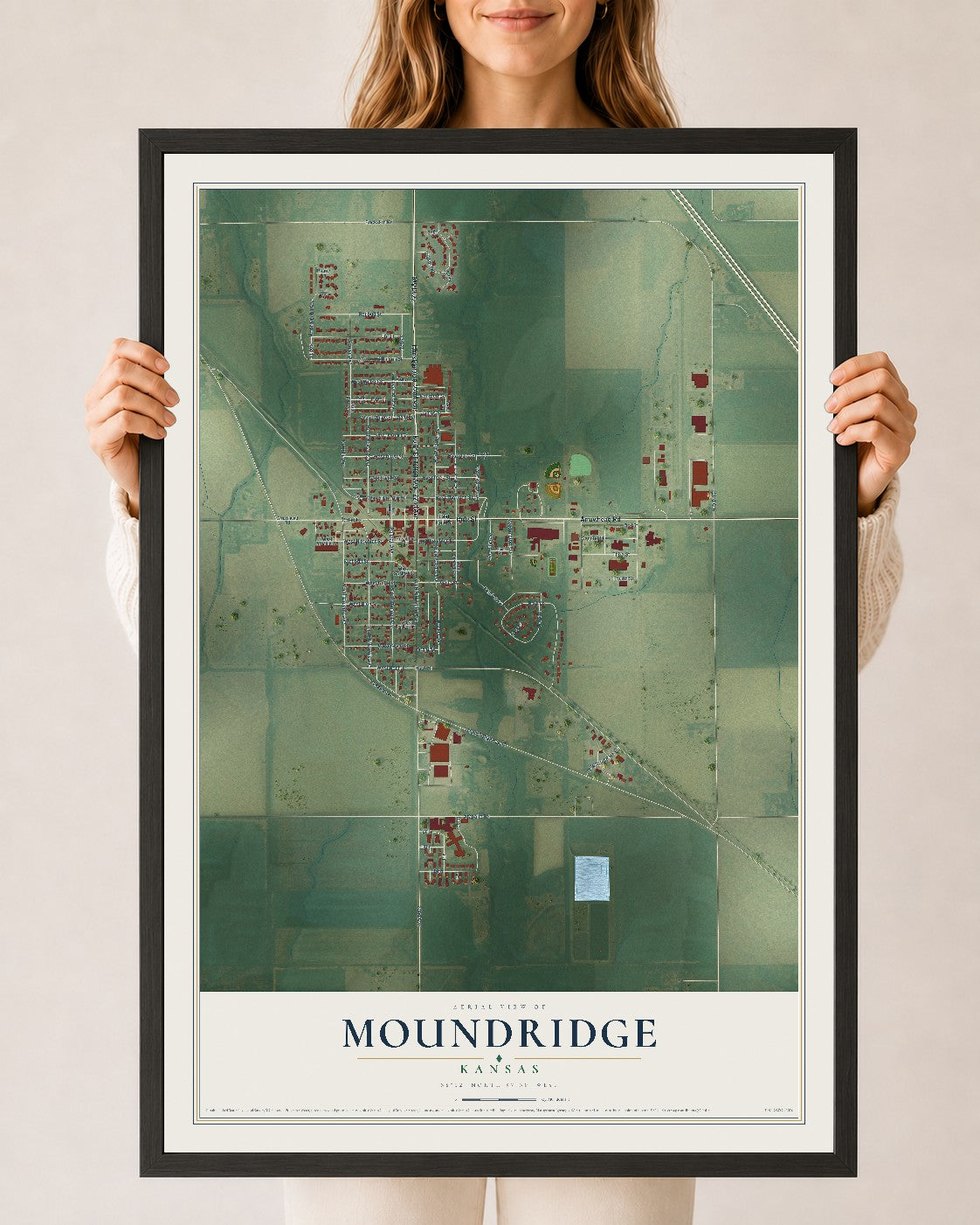 Map of Moundridge, Kansas, 24 x 36 inch print in a black wood frame