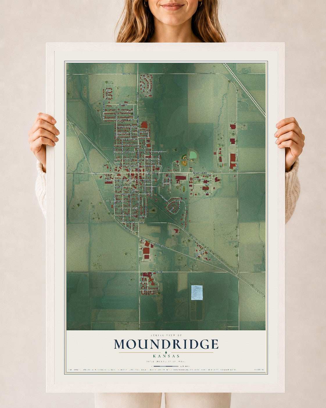 Map of Moundridge, Kansas, 24 x 36 inch print in a white wood frame