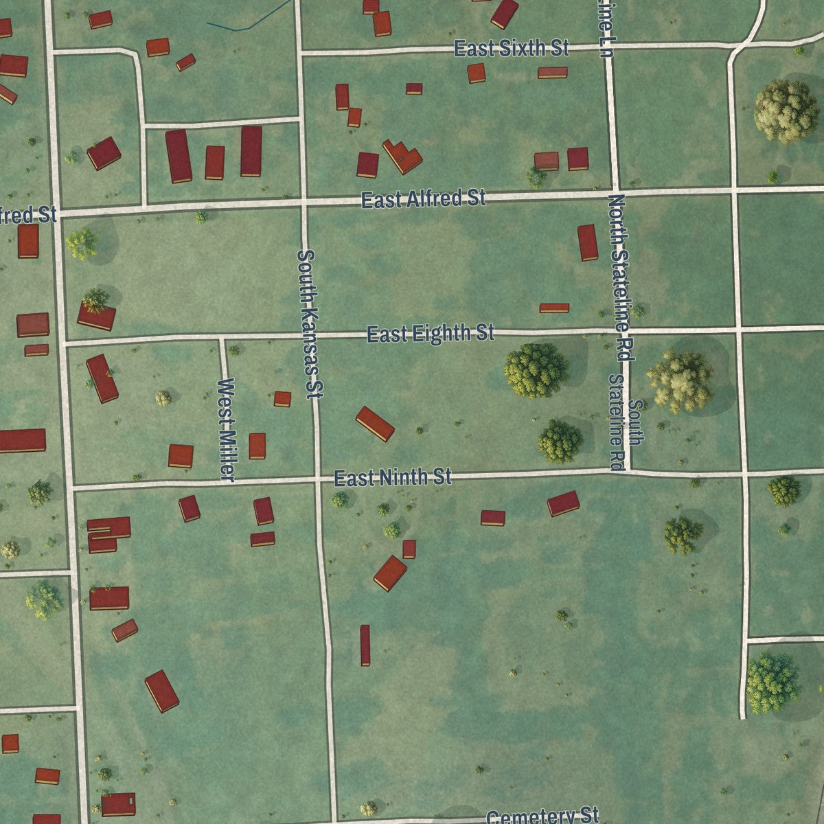 Close-up of the map of Mulberry, Kansas print showing street and building detail