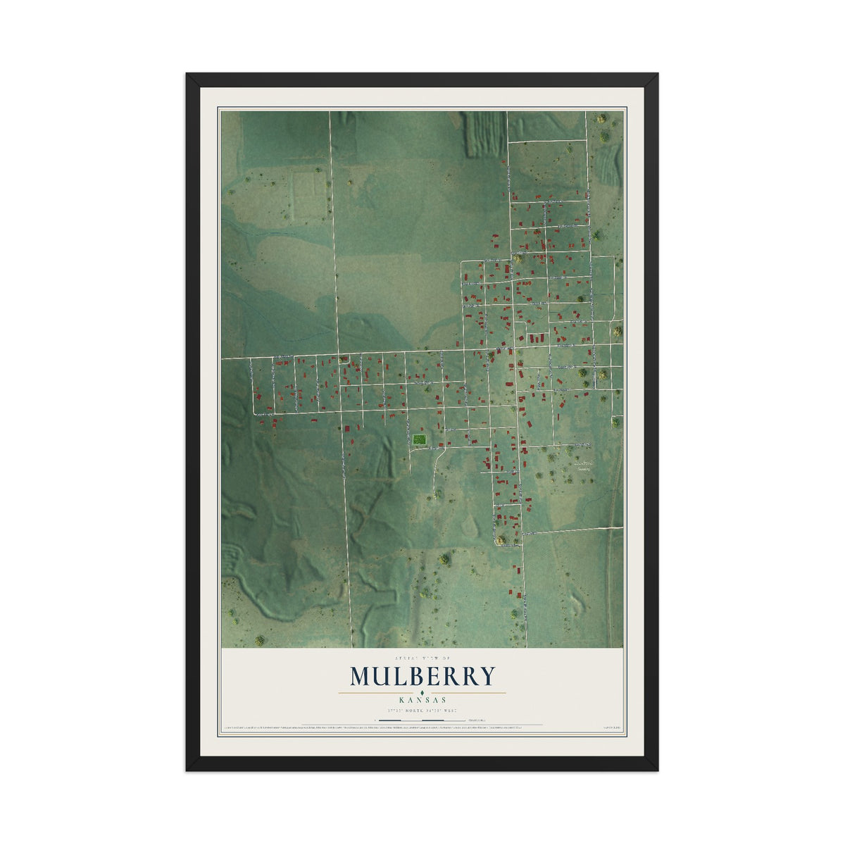Map of Mulberry, Kansas, 12 x 18 inch print in a black wood frame