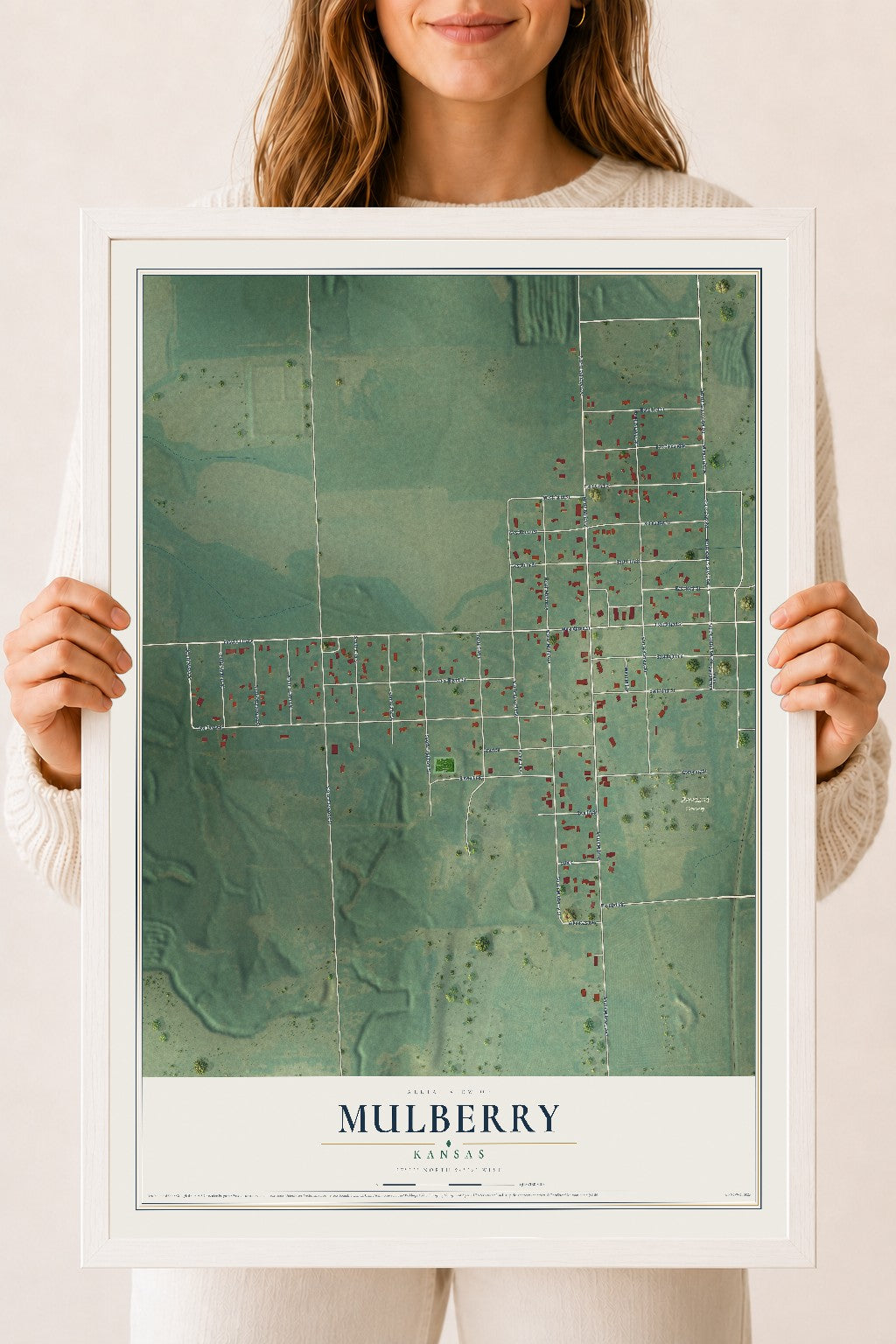 Map of Mulberry, Kansas, 18 x 24 inch print in a white wood frame