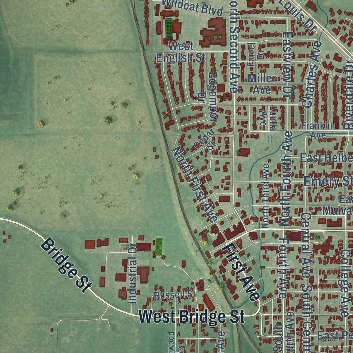 Close-up of the map of Mulvane, Kansas print showing street and building detail