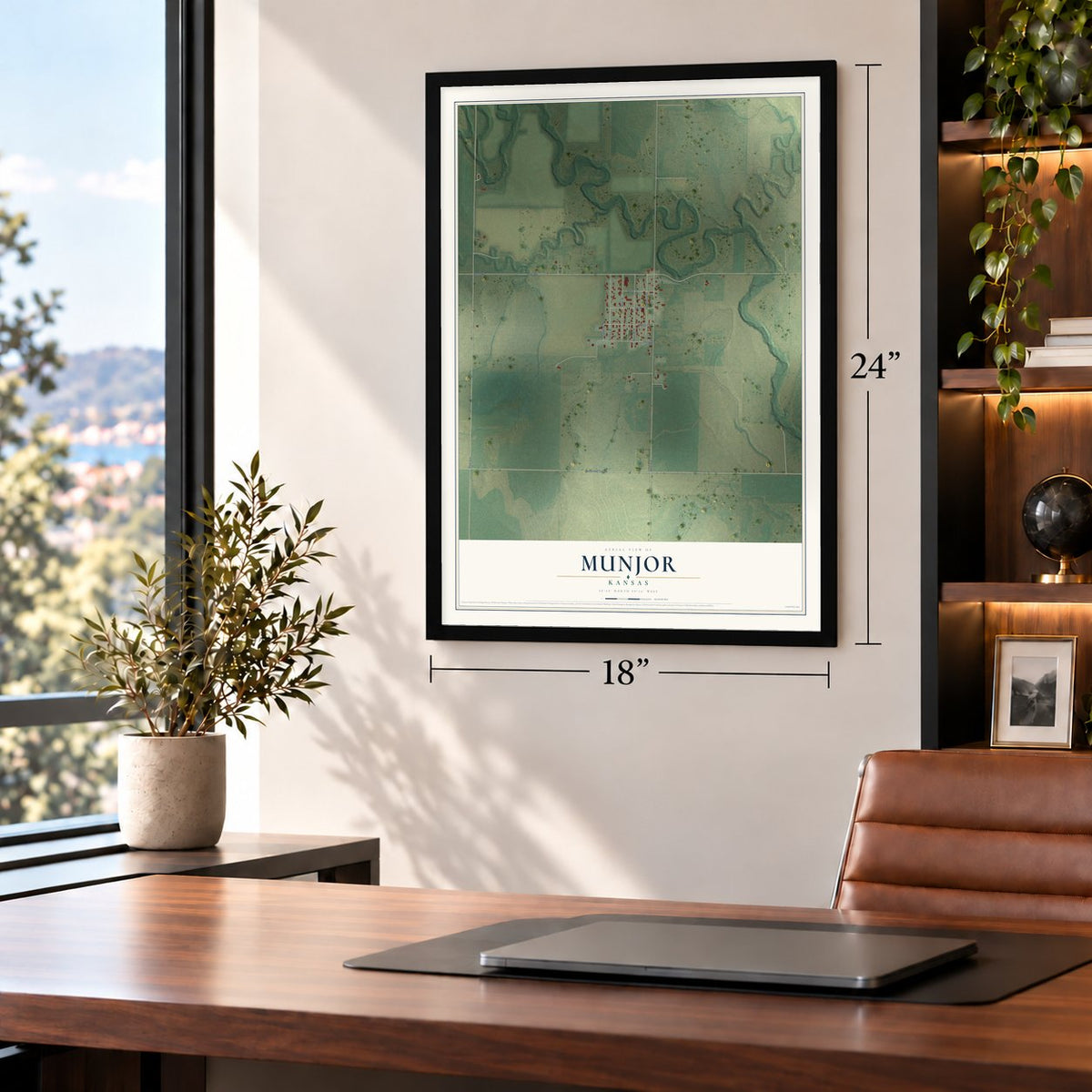 Munjor, Kansas map, 18 x 24 inch print in a black frame in a home office