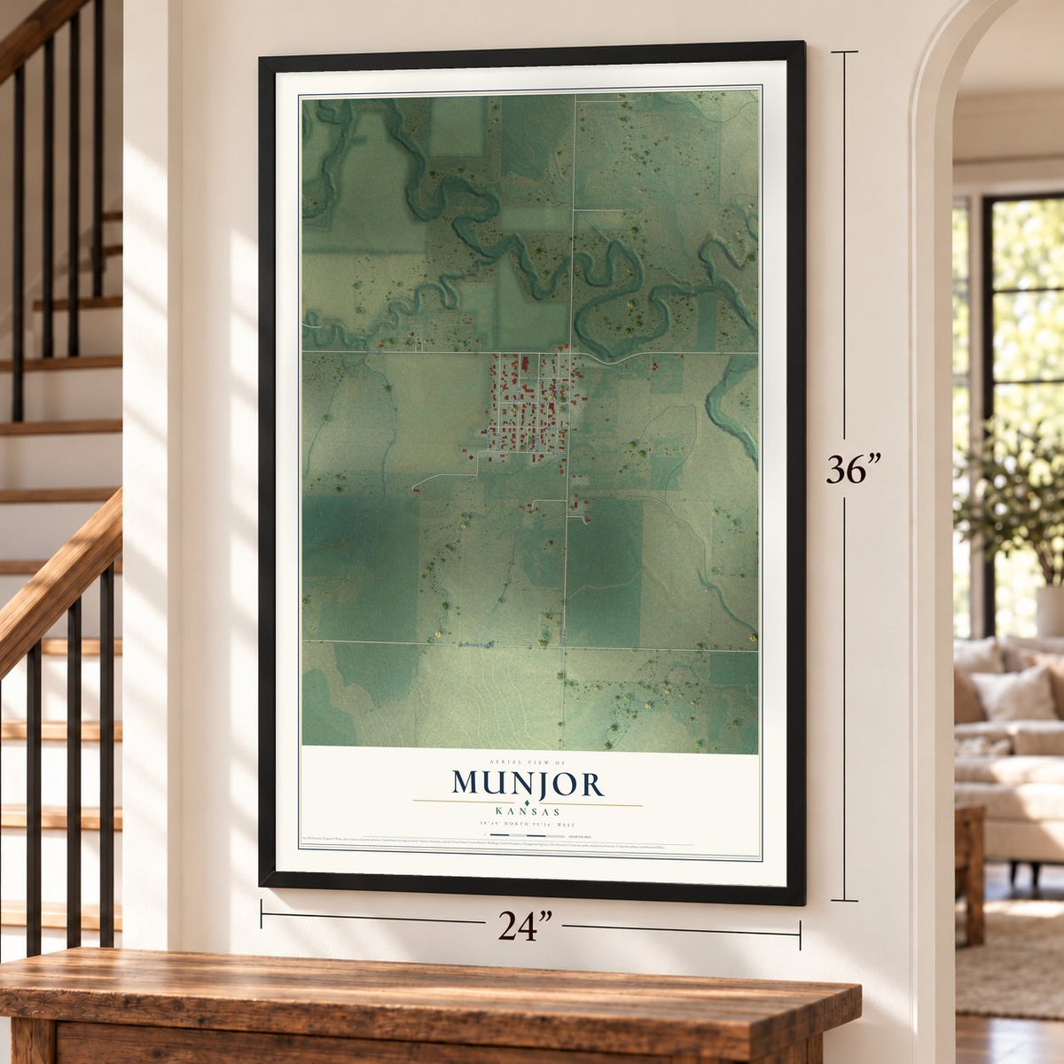 Munjor, Kansas map, 24 x 36 inch print in a black frame by a staircase
