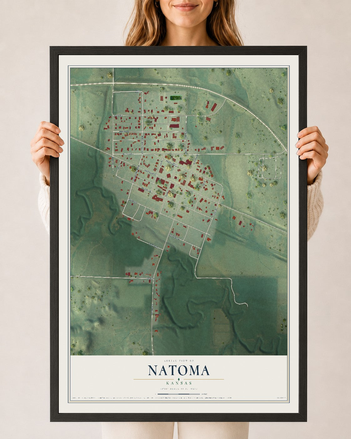 Map of Natoma, Kansas, 24 x 36 inch print in a black wood frame