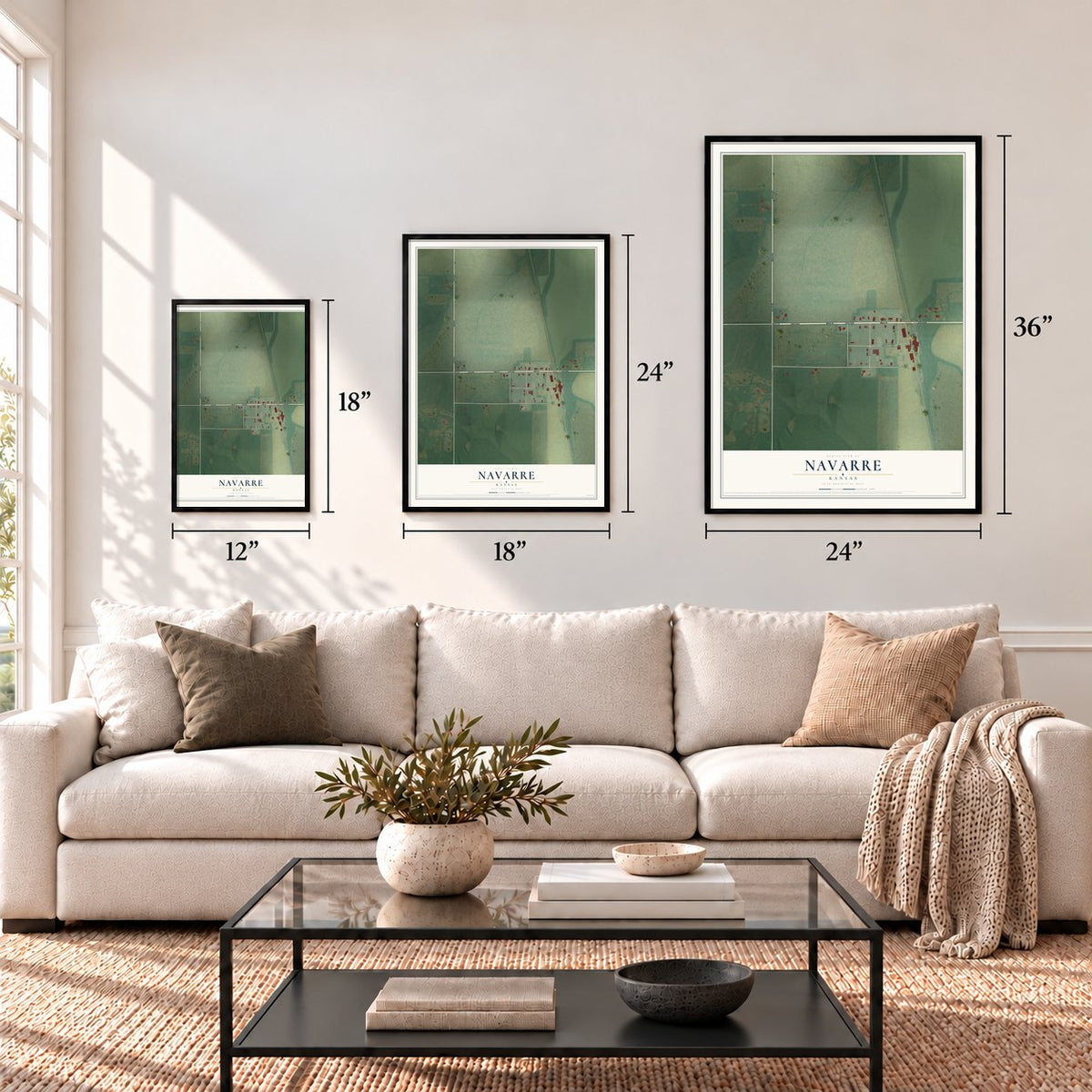 Navarre, Kansas map in 12 x 18, 18 x 24 and 24 x 36 inch sizes above a sofa