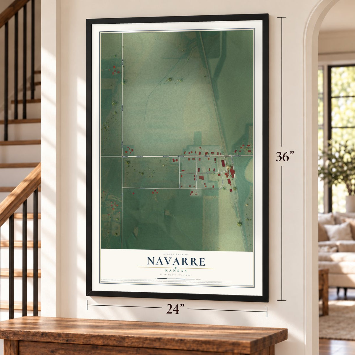Navarre, Kansas map, 24 x 36 inch print in a black frame by a staircase
