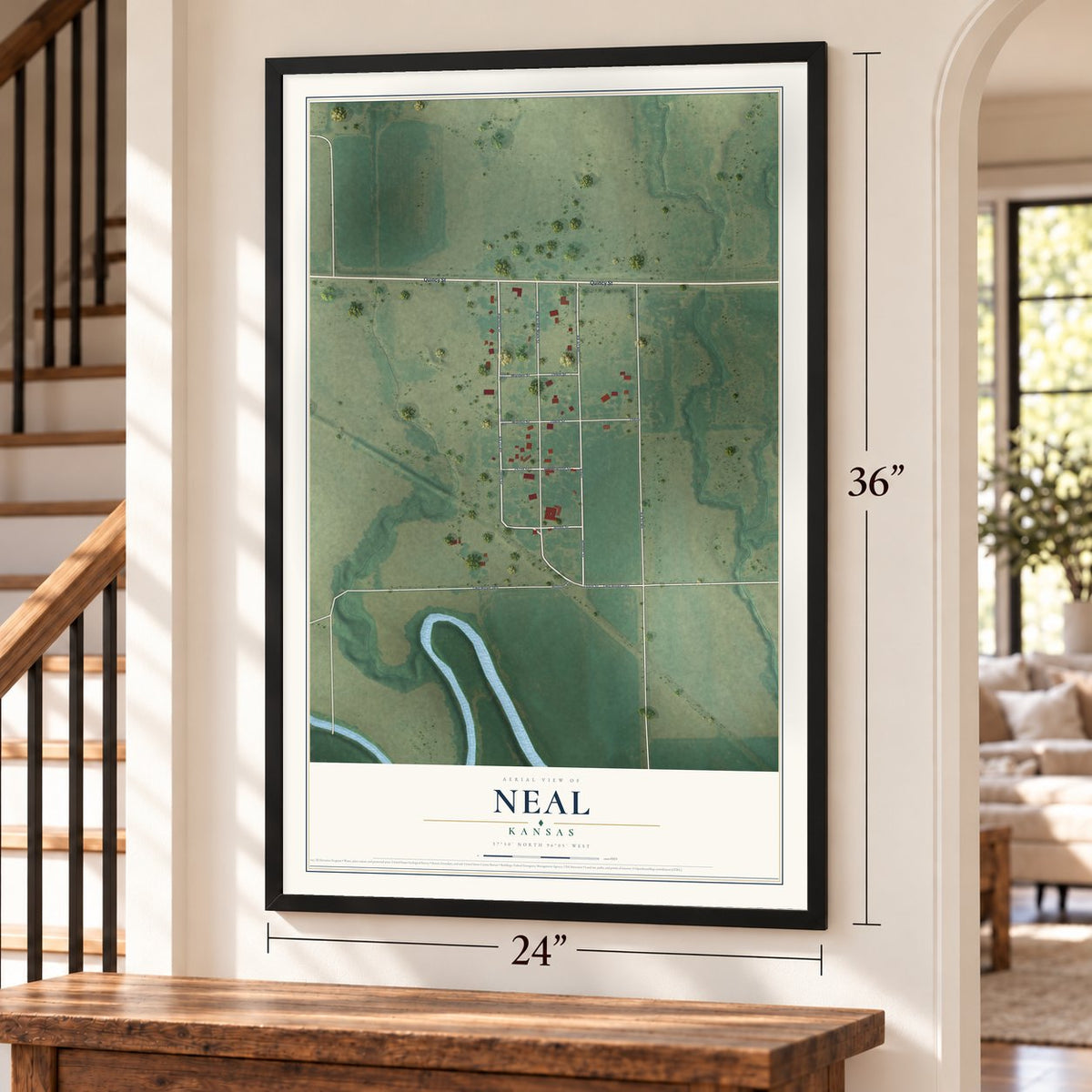 Neal, Kansas map, 24 x 36 inch print in a black frame by a staircase