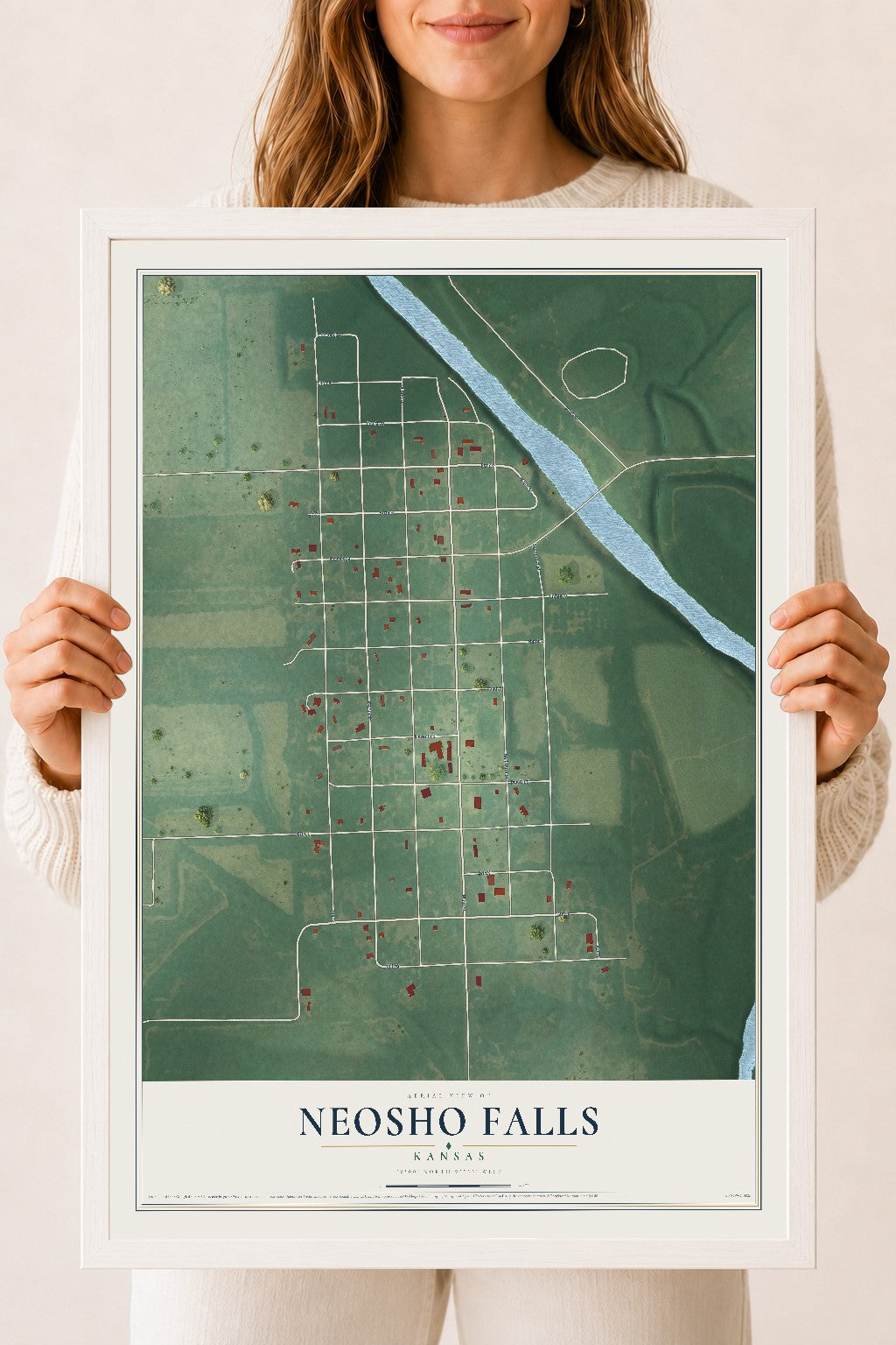 Map of Neosho Falls, Kansas, 18 x 24 inch print in a white wood frame